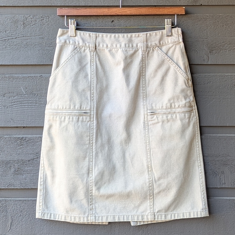 VTG Y2K J. Crew Light Khaki Canvas Utility Midi Skirt Size 00 Zipper Pockets
